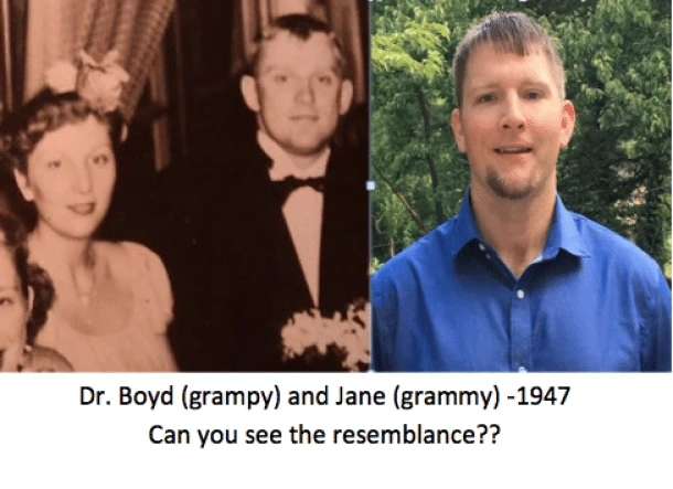 Doctor Brian and a photo of his grandparents side by side