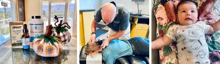A collage of photos of Dr. Brown adjusting patients